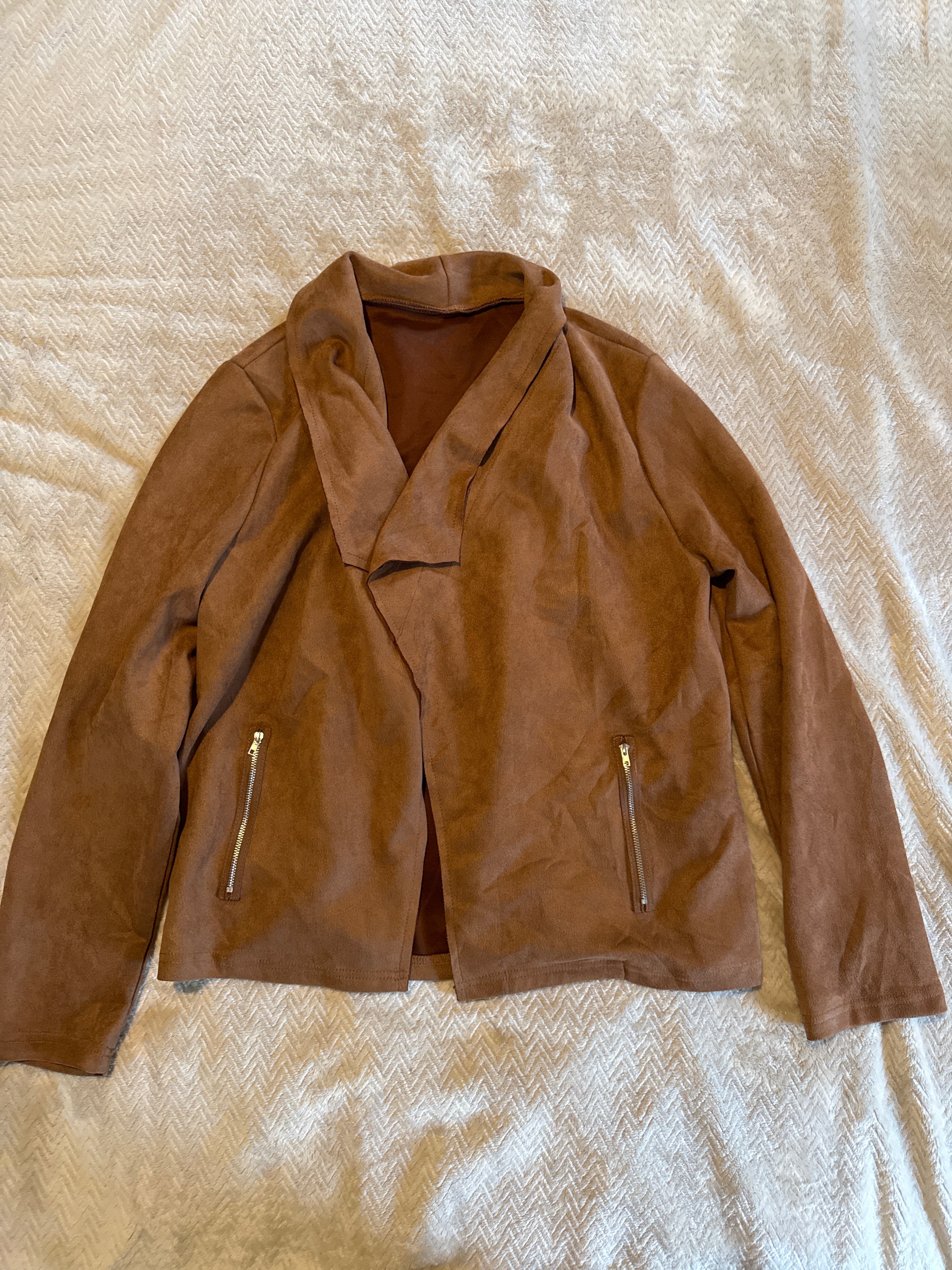 Brown Suede-Look Wrap Jacket – Women’s Fashion Blazer Large Length 22"
